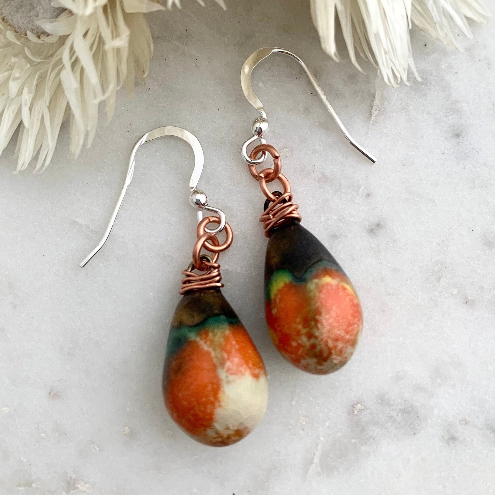 Orange Black Ceramic Dangle Teardrop Earrings