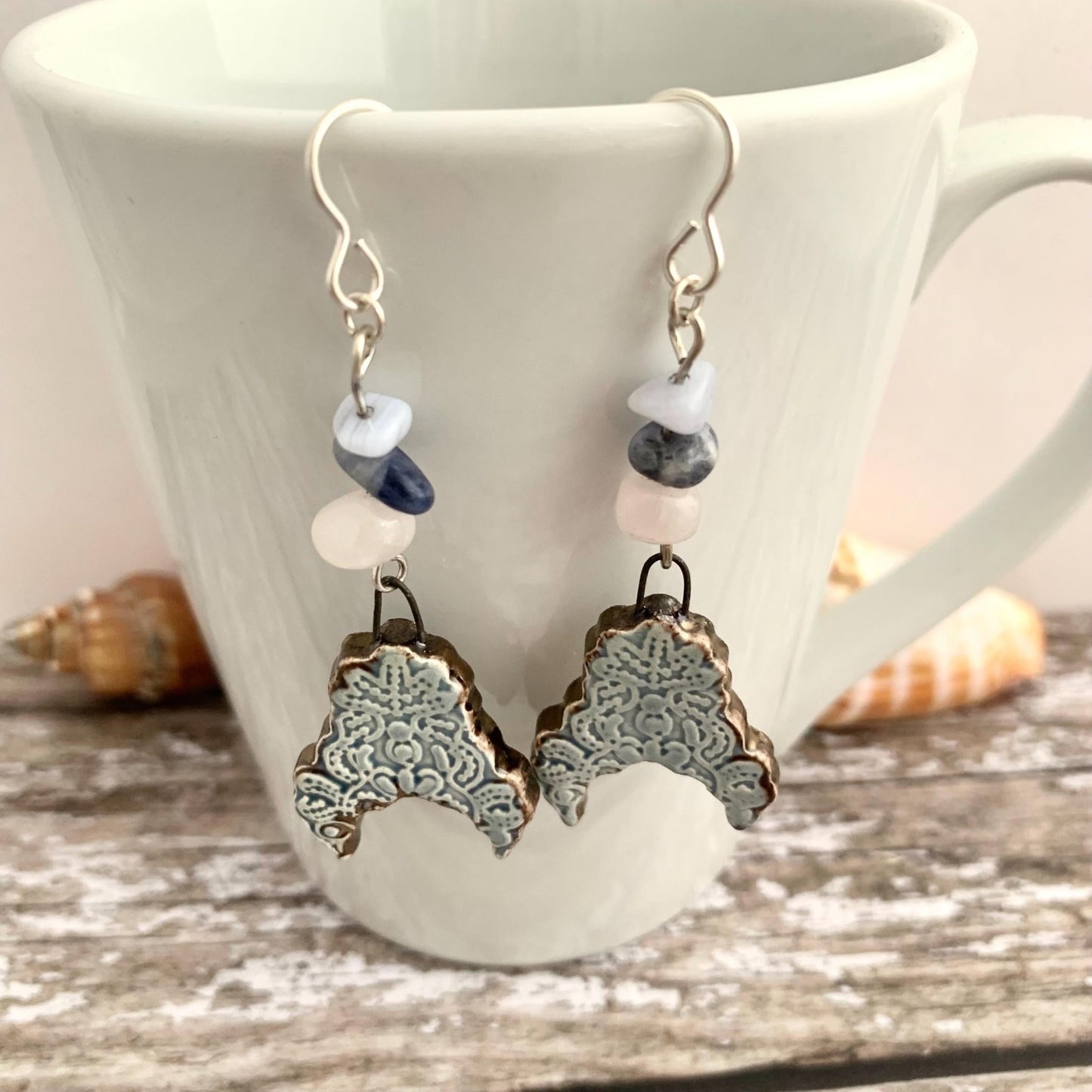 Patterned Grey Ceramic Dangle Earrings with Gemstone Beads 3