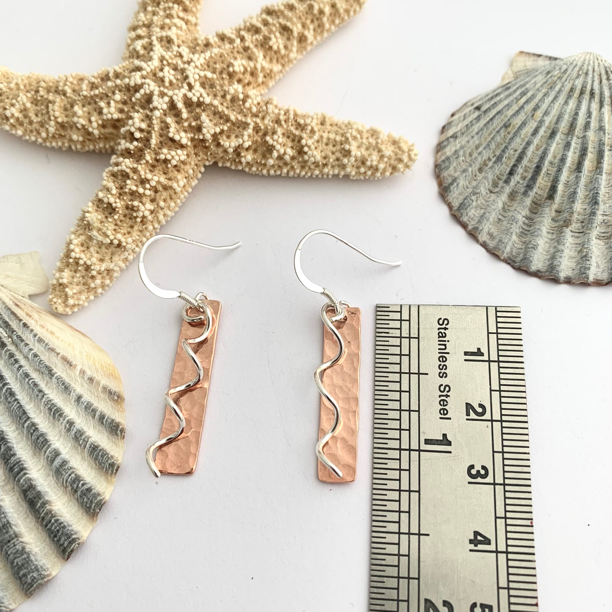 Rectangle Copper Textured Dangle Earrings with Sterling Silver Spirals