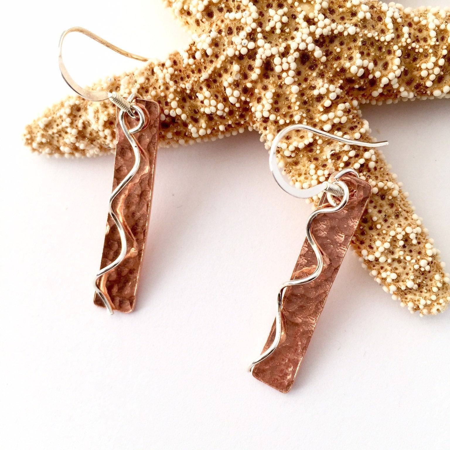 Rectangle Hammered Copper Earrings with Sterling Silver Spirals