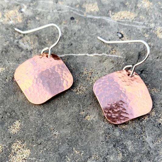 Rustic Copper Square Hammered Dangle Earrings 3