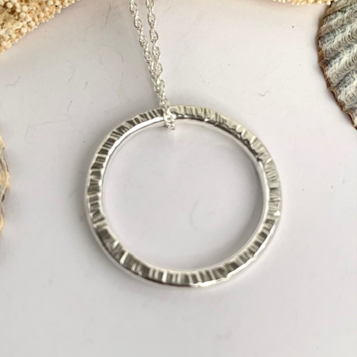 Rustic Line Hammered Sterling Silver Circle Pendant