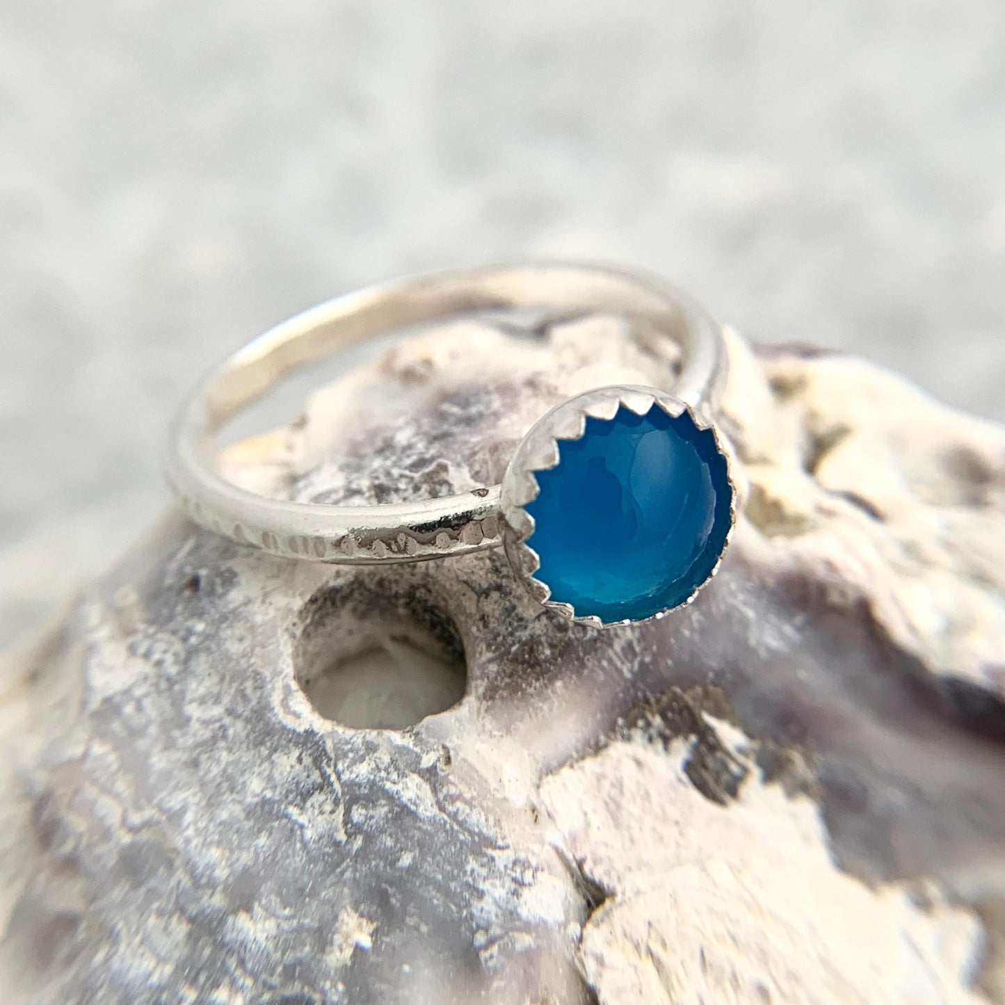 Sea Blue Agate Gemstone Sterling Silver Ring Stackable 1