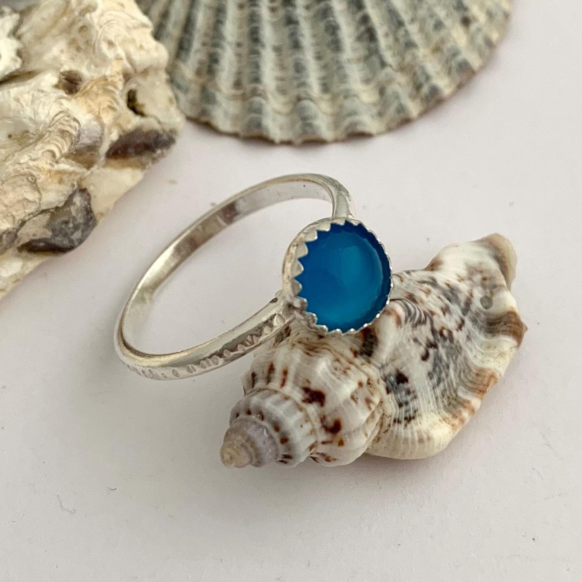 Sea Blue Agate Gemstone Sterling Silver Ring Stackable 2