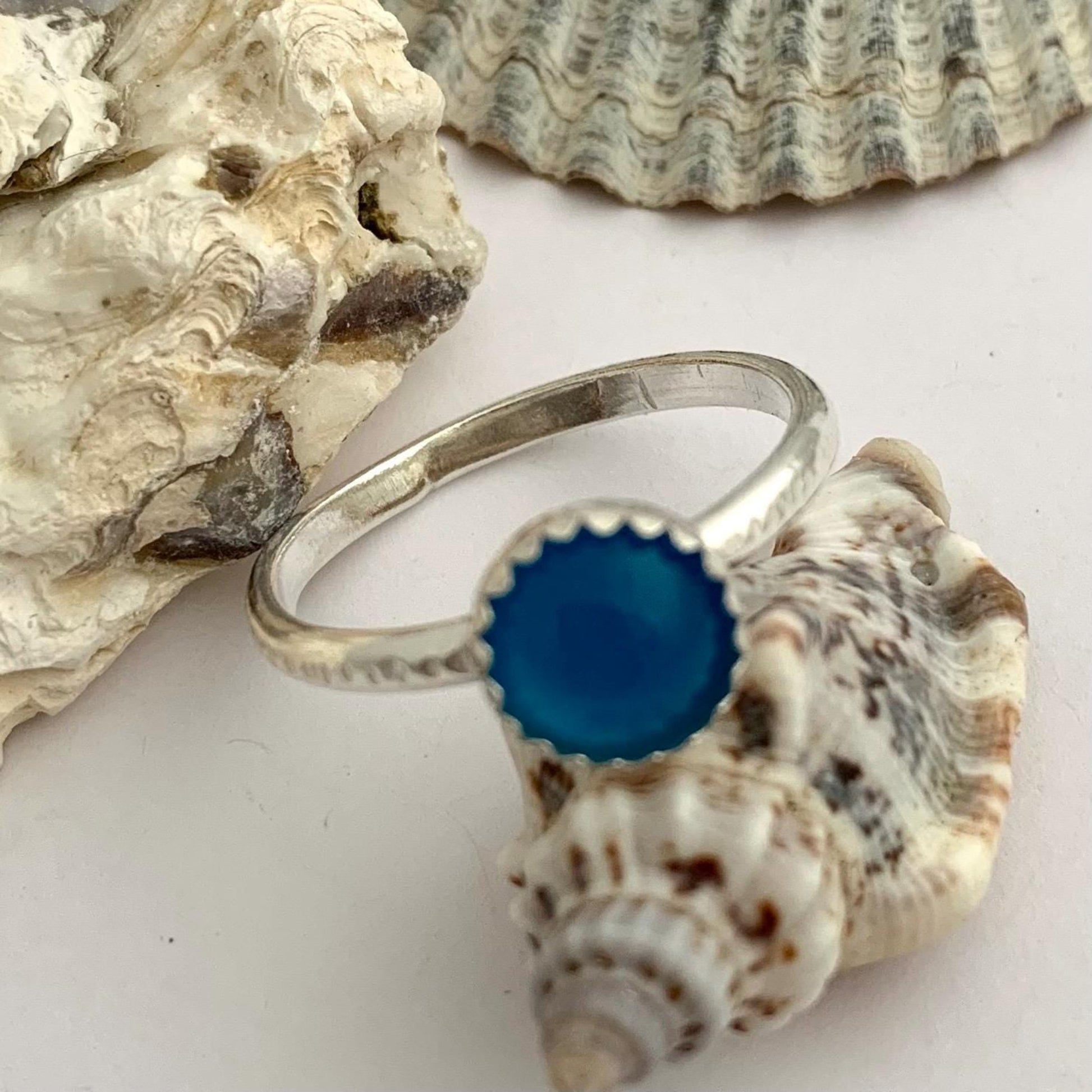 Sea Blue Agate Gemstone Sterling Silver Ring Stackable 3