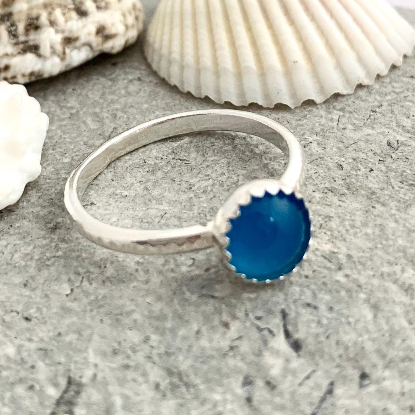 Sea Blue Agate Gemstone Sterling Silver Ring Stackable 4