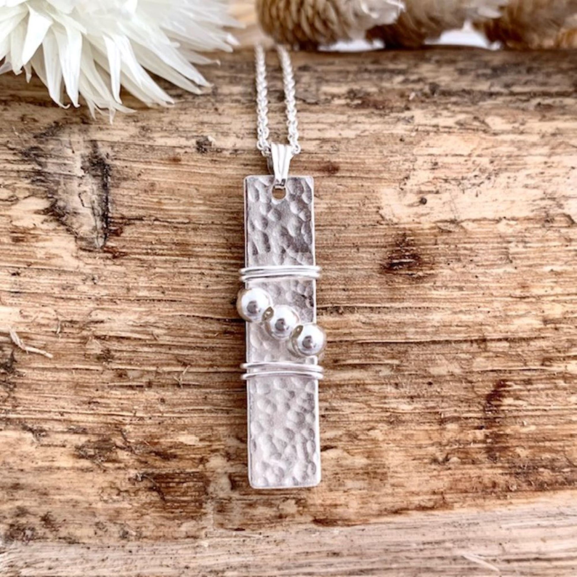 Silver Bead Hammered Bar Necklace
