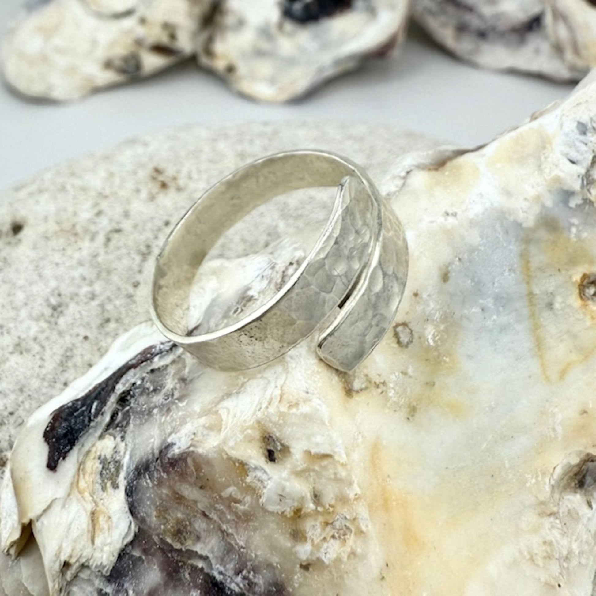 Silver ring on a piece of shell