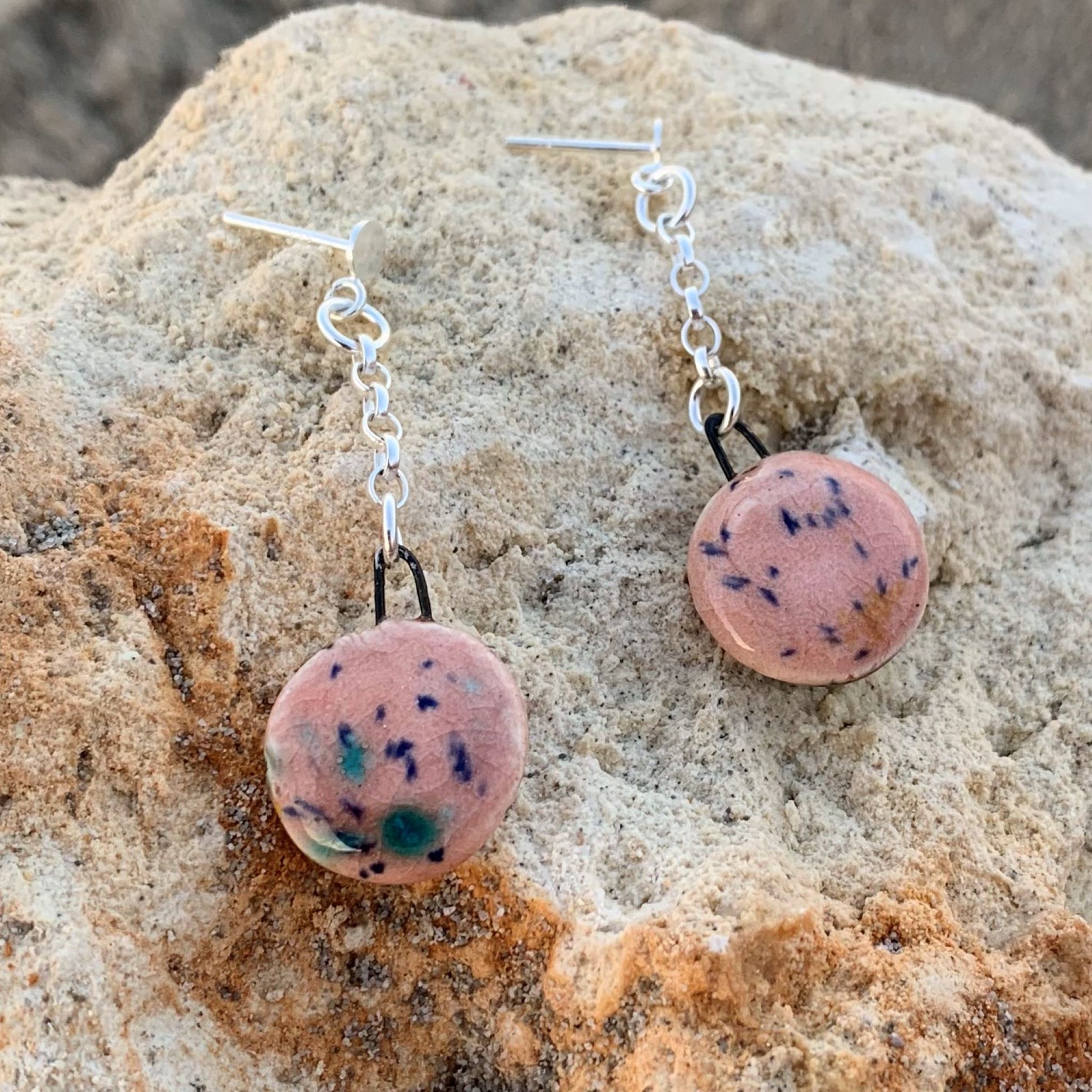 Sterling Silver Dangle Earrings with Pink Ceramic Discs
