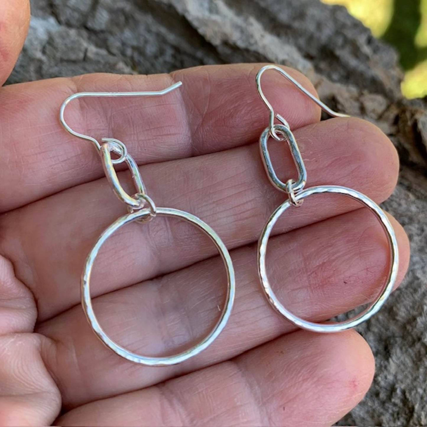 Hammered Sterling Silver Dangle Hoop Earrings