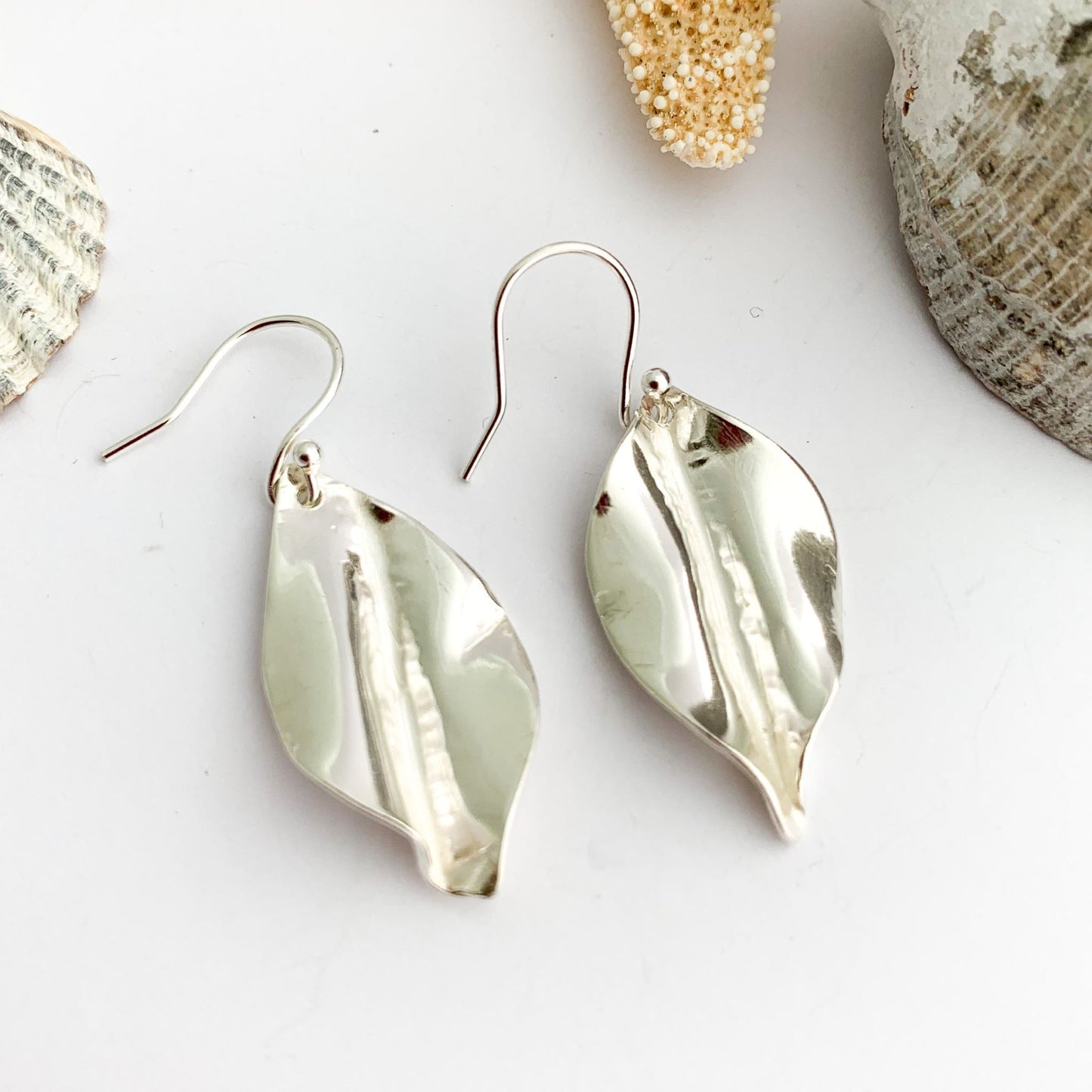 Sterling Silver Fold Formed Leaf Dangle Earrings