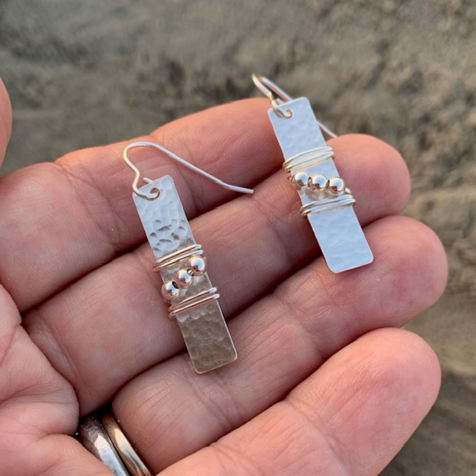 Sterling Silver Hammered Bar Earrings with Silver Beads