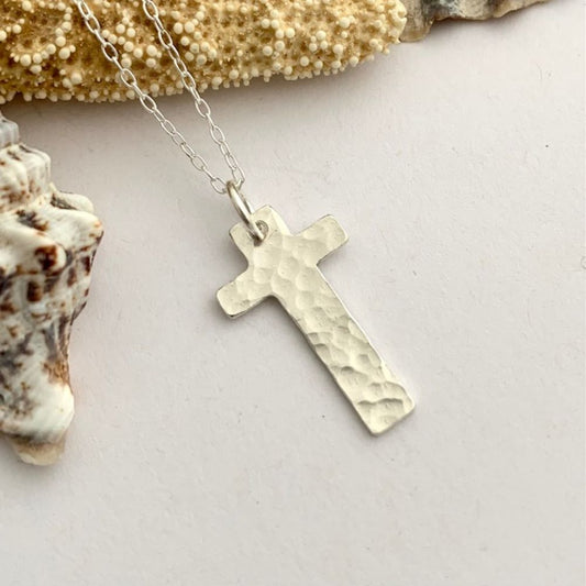 Sterling Silver Little Hammered Cross Necklace