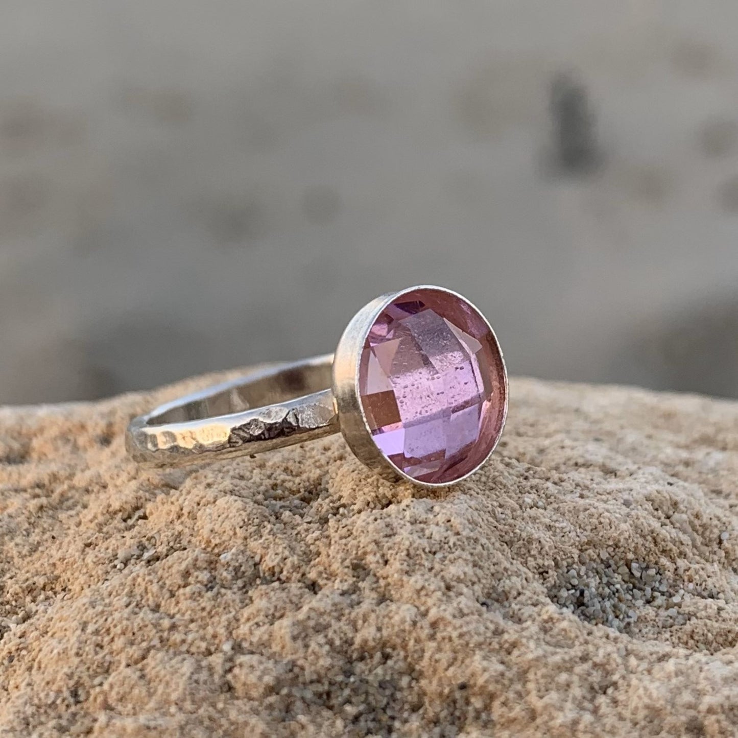Sterling Silver Pink CZ Hammered Ring