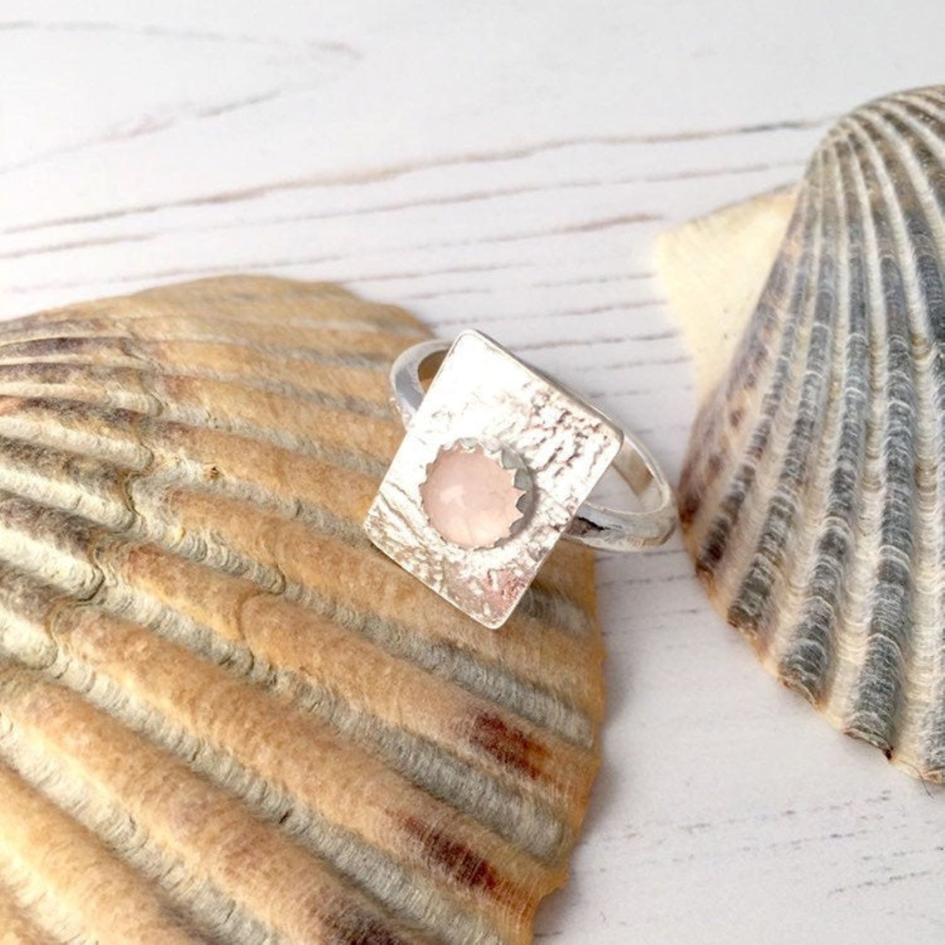 Sterling Silver Rectangle Ring With Rose Quartz