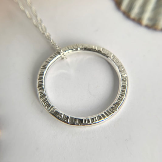 Sterling Silver Rustic Line Hammered Round Pendant