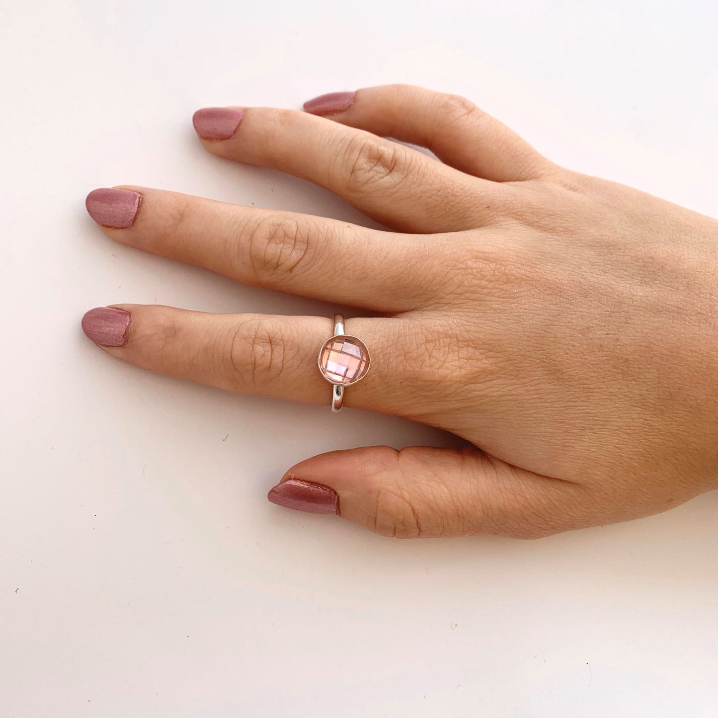 Sterling Silver Stacking Ring with Pink Cubic Zirconia Stone