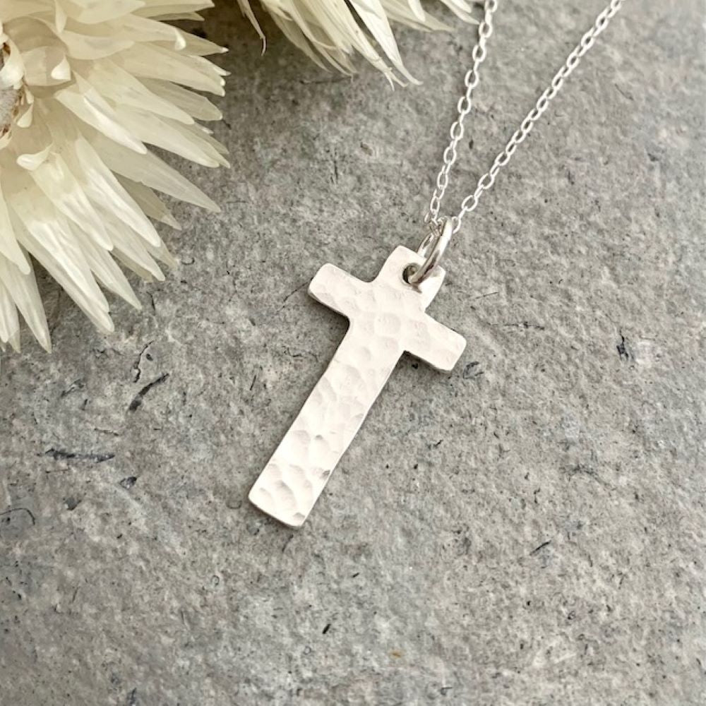 Sterling Silver Textured Rustic Christian Cross Necklace