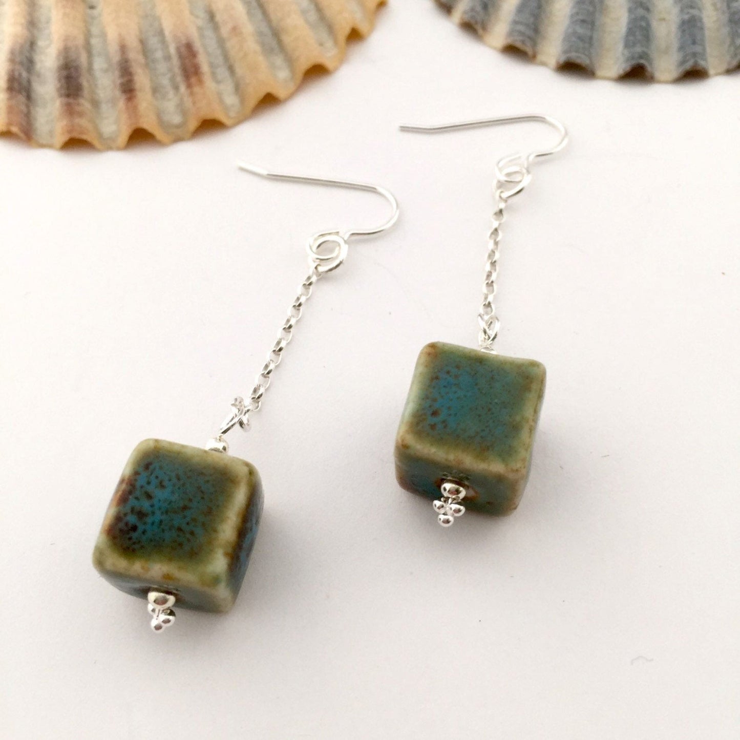 Sterling Silver and Ceramic Cube Dangle Earrings