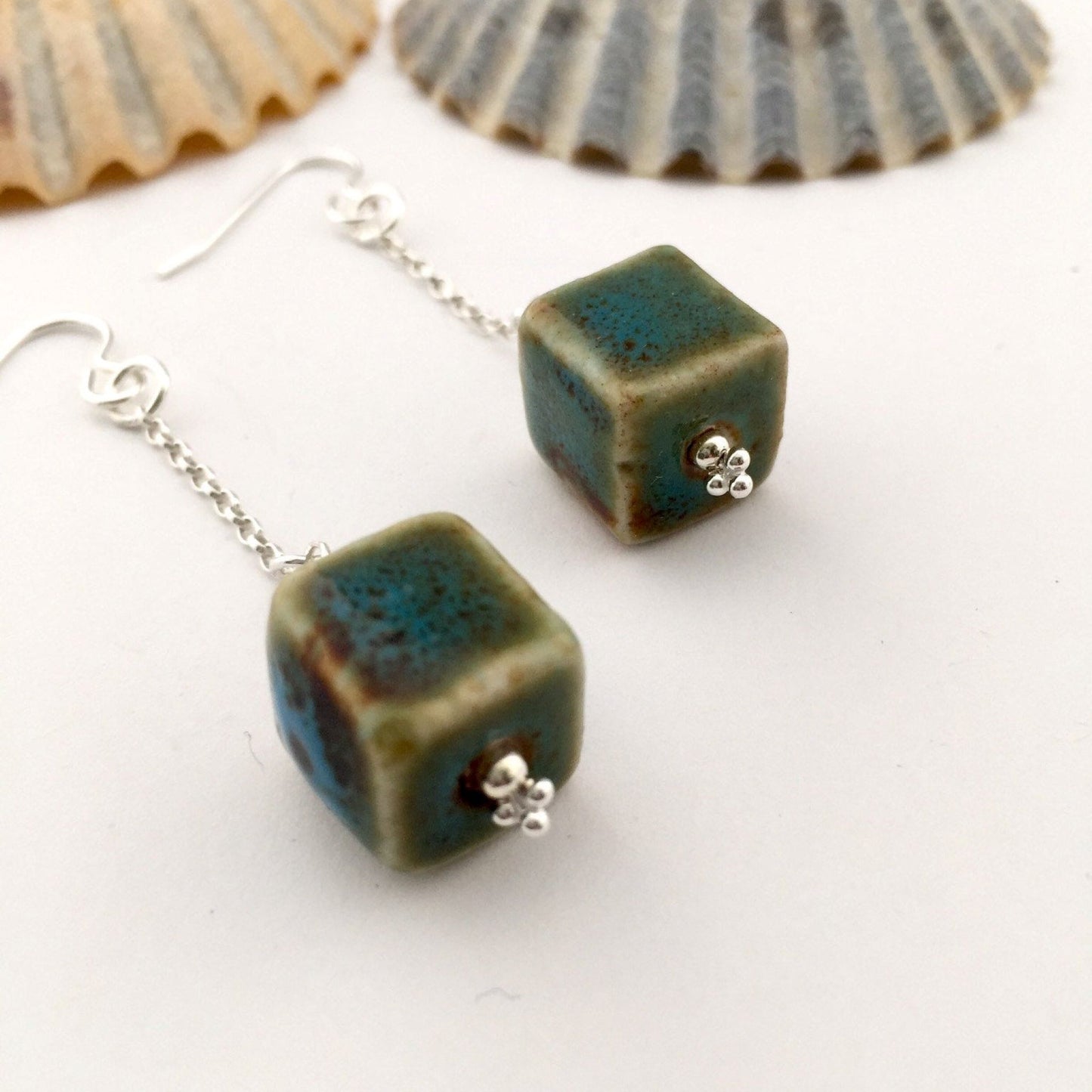 Sterling Silver and Green Blue Ceramic Cube Earrings