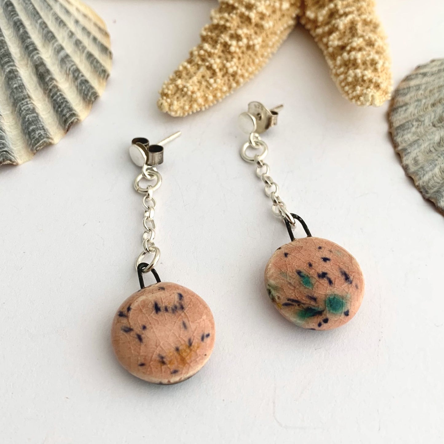 Sterling Silver and Pink Ceramic Disc Earrings