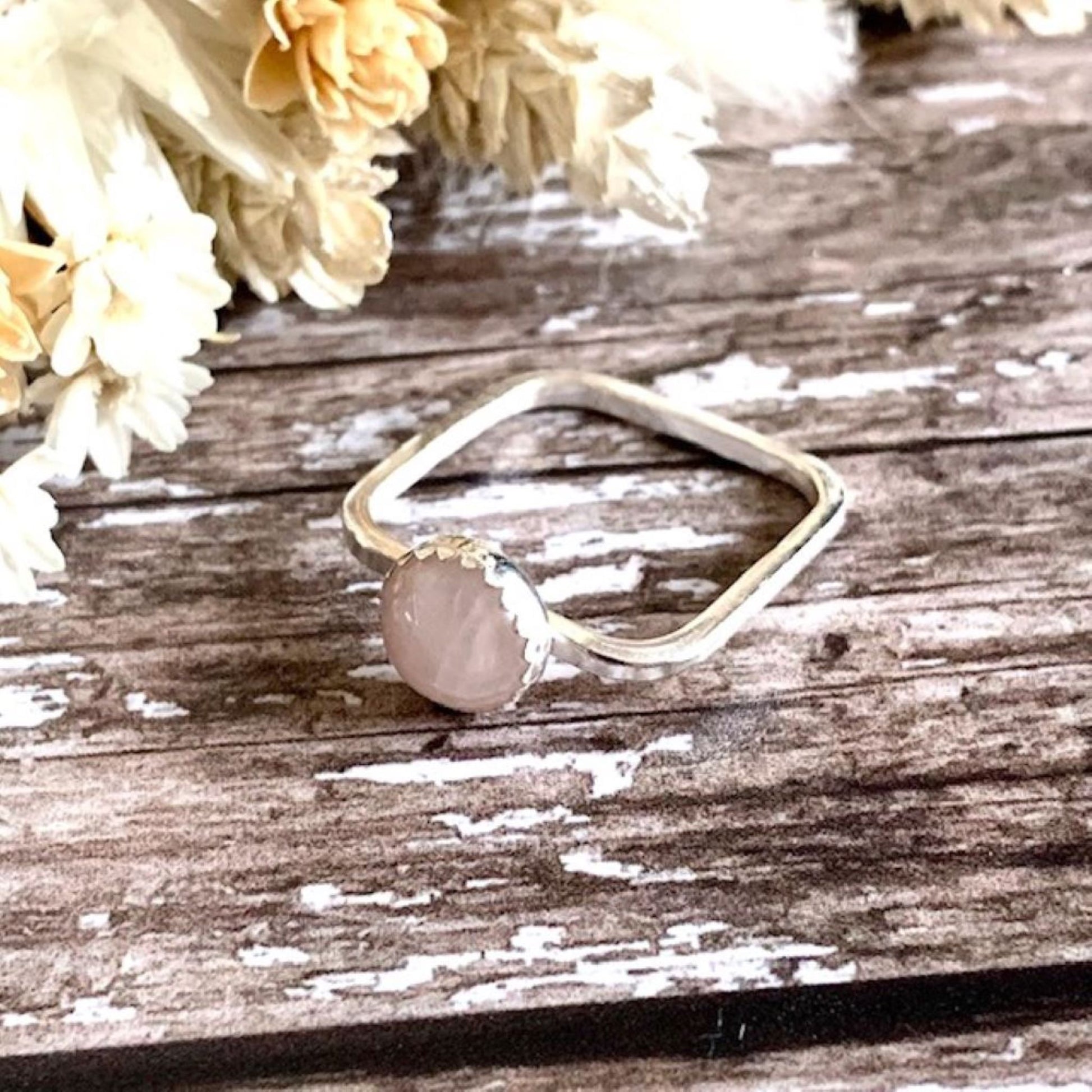 Sterling Silver and Rose Quartz Gemstone Square Ring