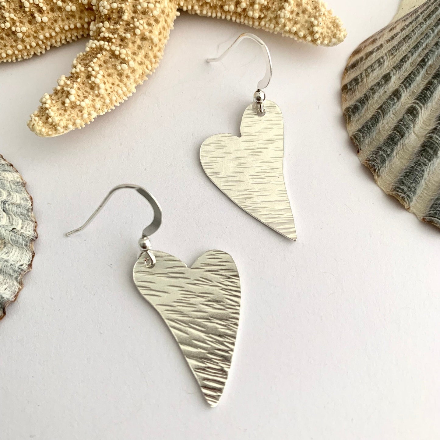 Sterling Silver Line Hammered Heart Dangly Earrings