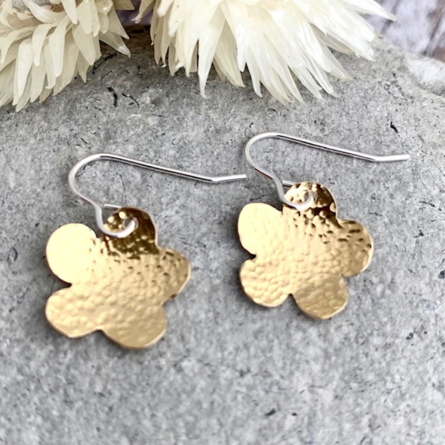 Textured Brass Flower Drop Earrings