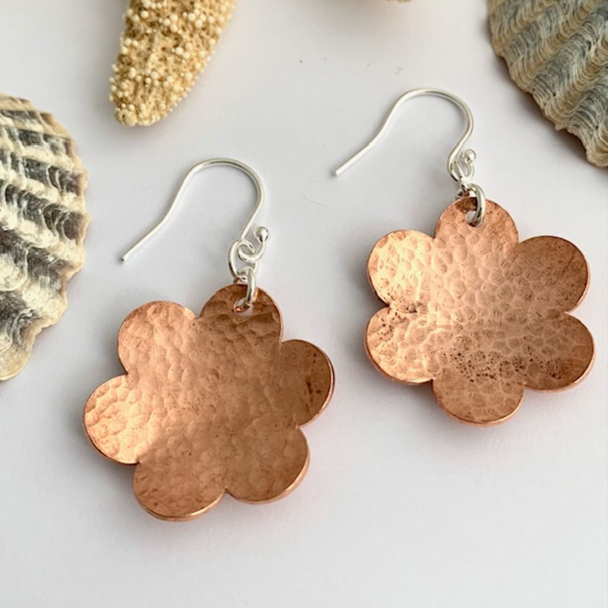 Textured Copper Daisy Flower Drop Earrings