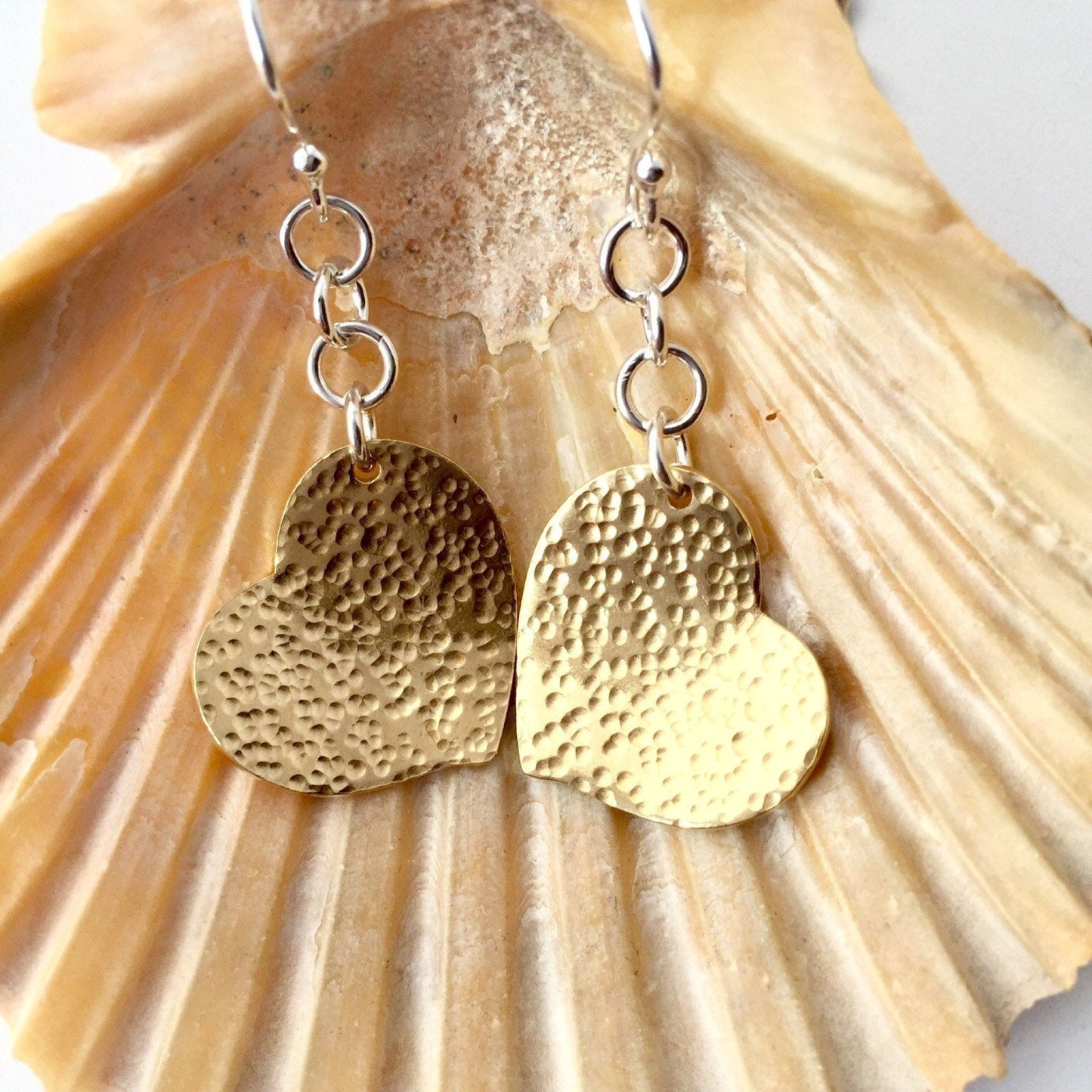 Textured Dangle Brass Heart Earrings