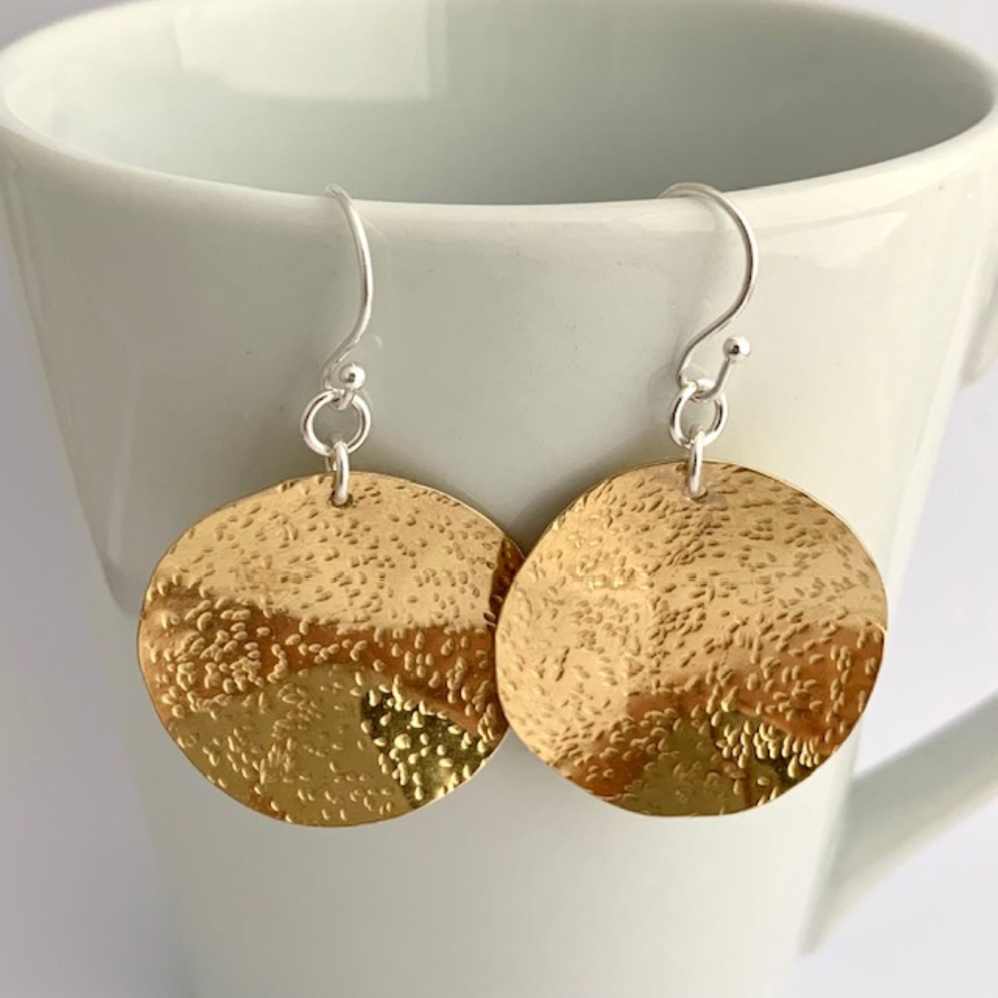 Textured Hammered Brass Dangle Disc Earrings