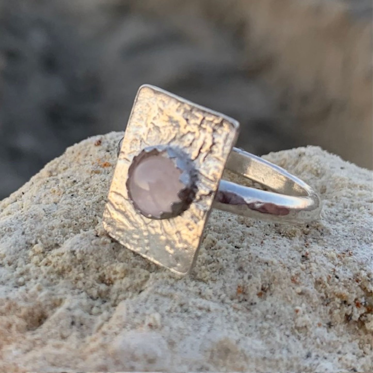 Textured Sterling Silver Rose Quartz Ring