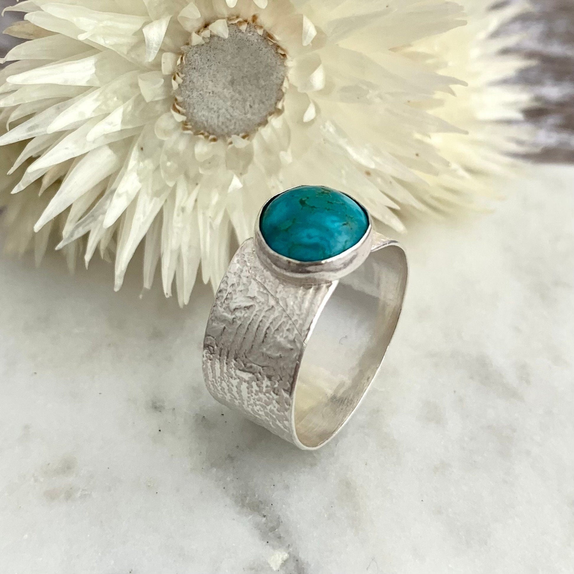 Turquoise Gemstone Sterling Silver Wide Ring 7