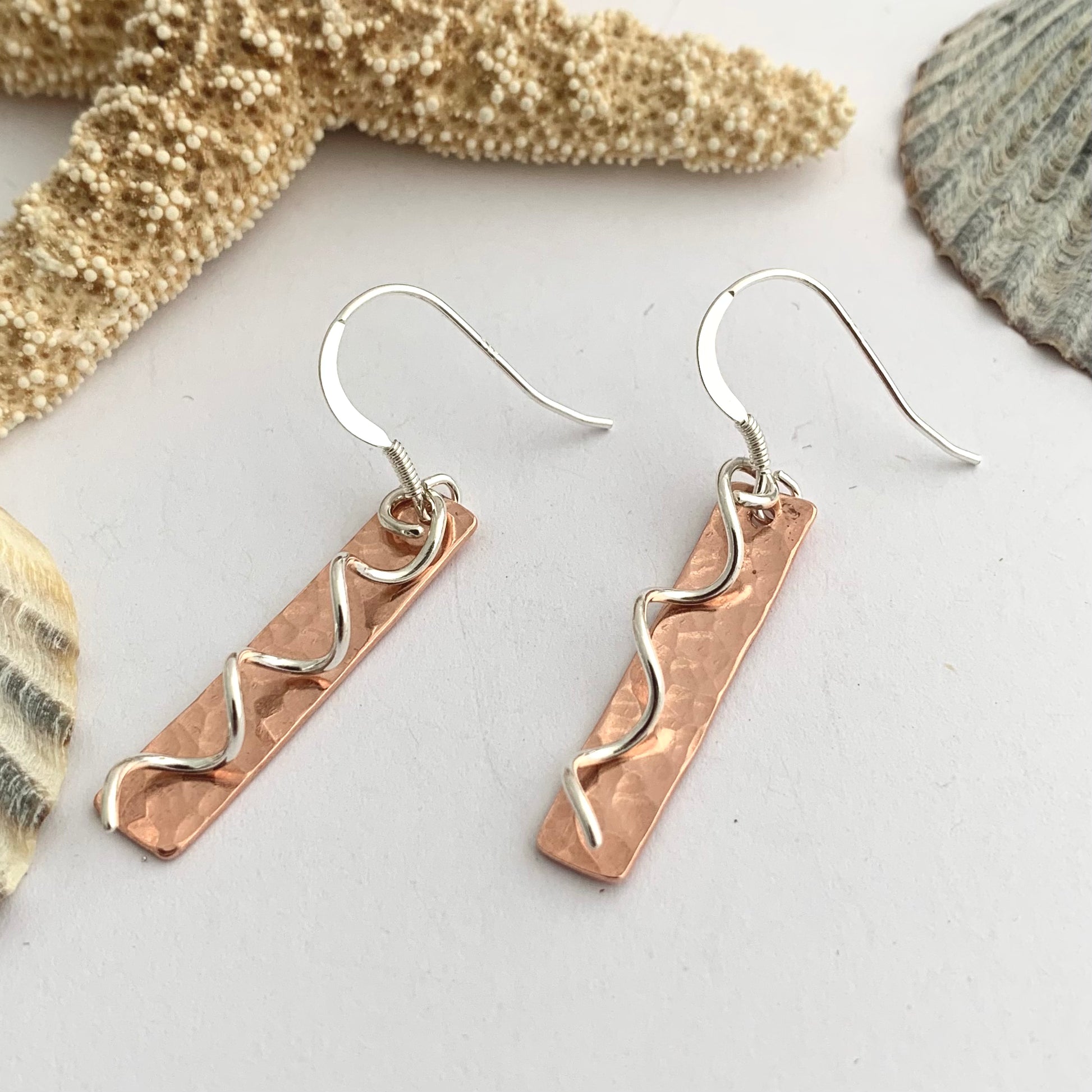 Vertical Hammered Copper Dangle Earrings with Sterling Silver Coils