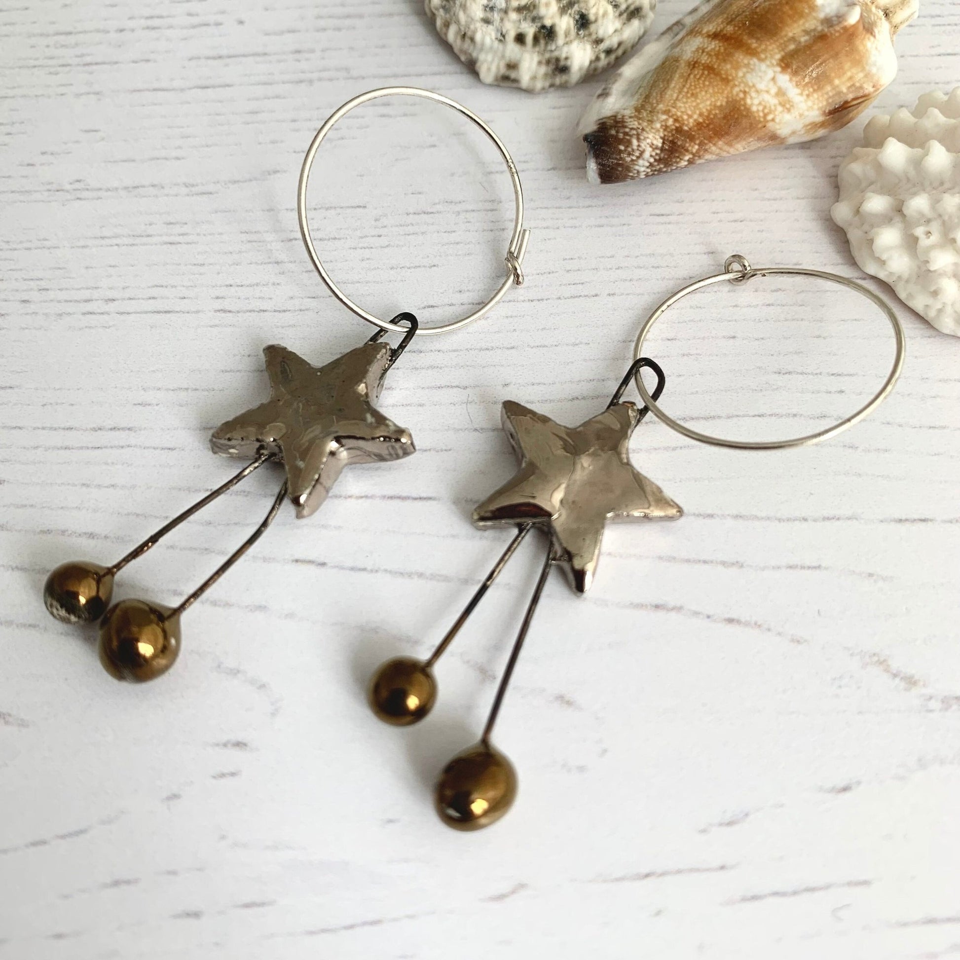 Ceramic Silver Dangle Star Earrings with Little Balls