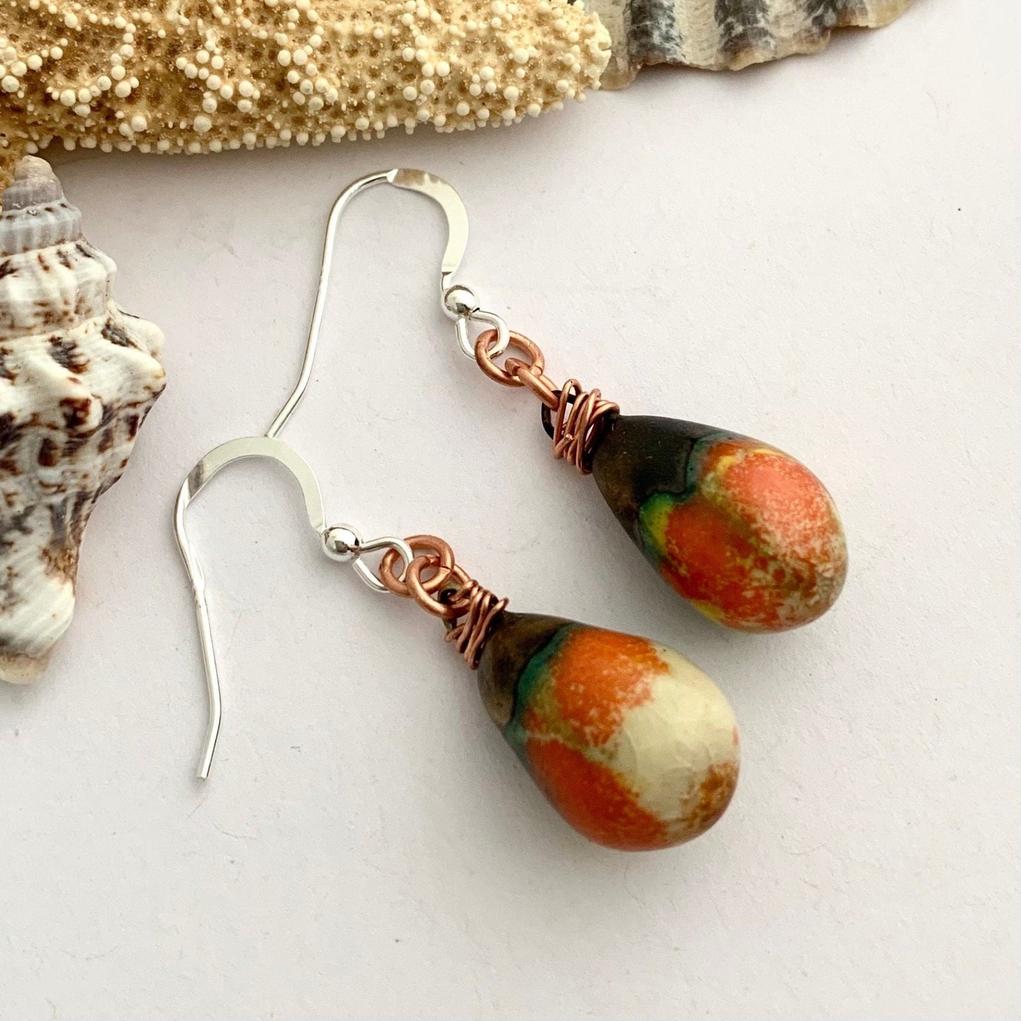 Lightweight Ceramic Orange Black Teardrop Earrings