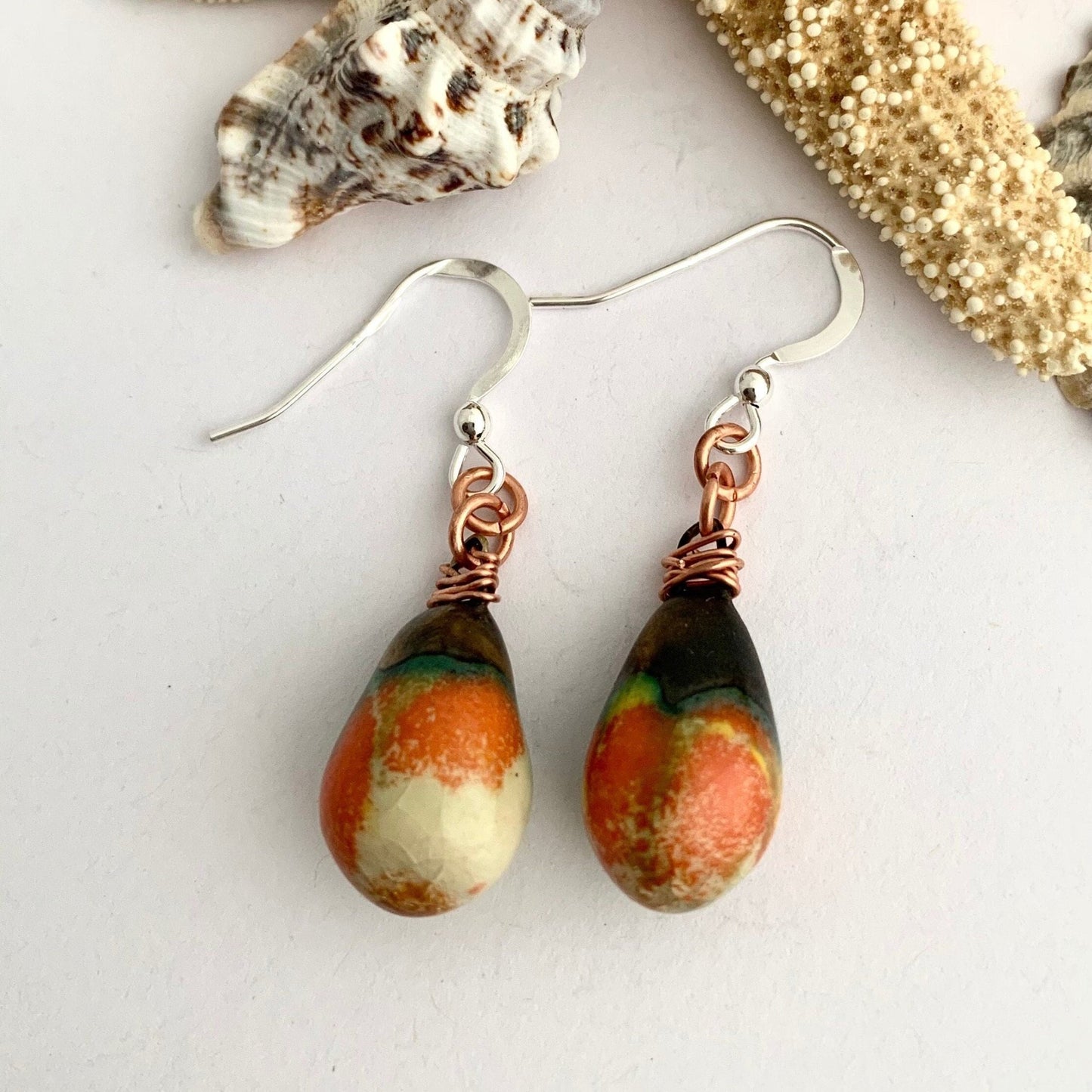 Orange Black Ceramic Teardrop Earrings