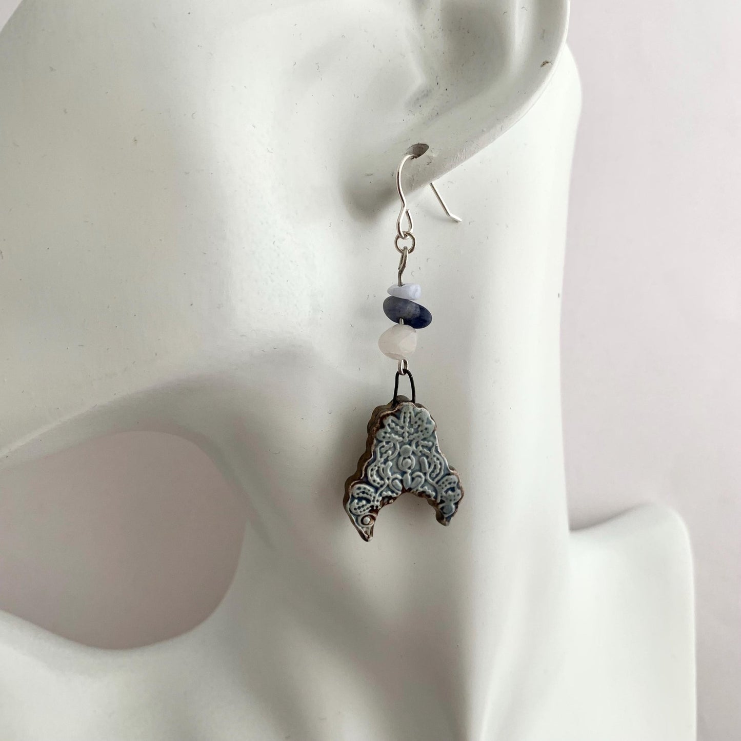 Patterned Grey Ceramic Dangle Earrings with Gemstone Beads 4