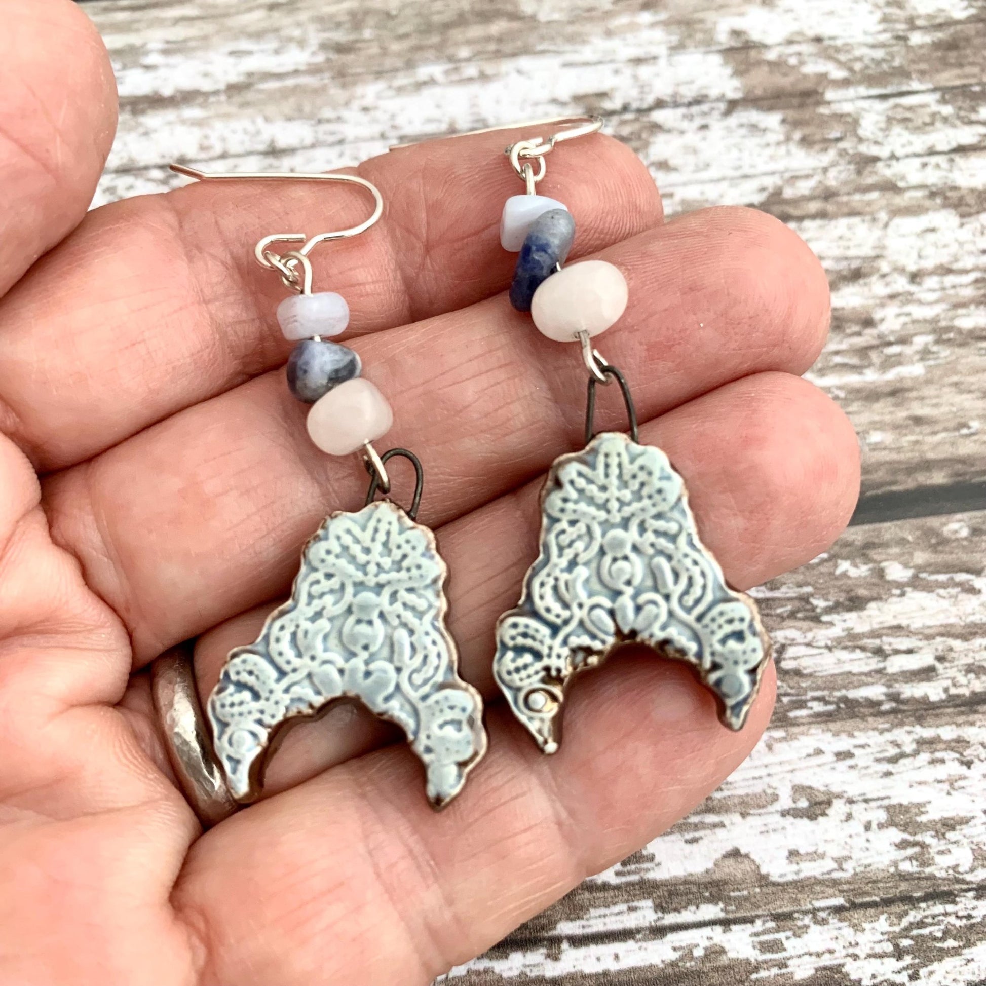 Patterned Grey Ceramic Dangle Earrings with Gemstone Beads 6