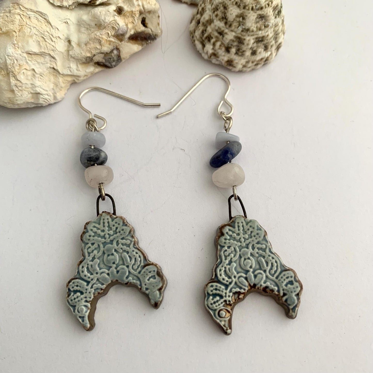 Patterned Grey Ceramic Dangle Earrings with Gemstone Beads 1