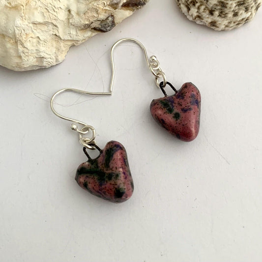 Pink and Black Heart Ceramic Drop Dangle Earrings