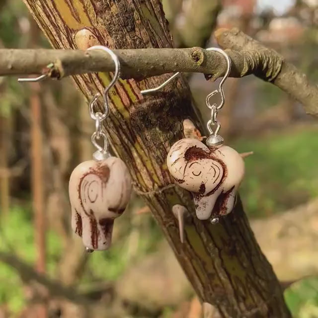 Cream White Czech Glass Elephant Dangle Drop Earrings