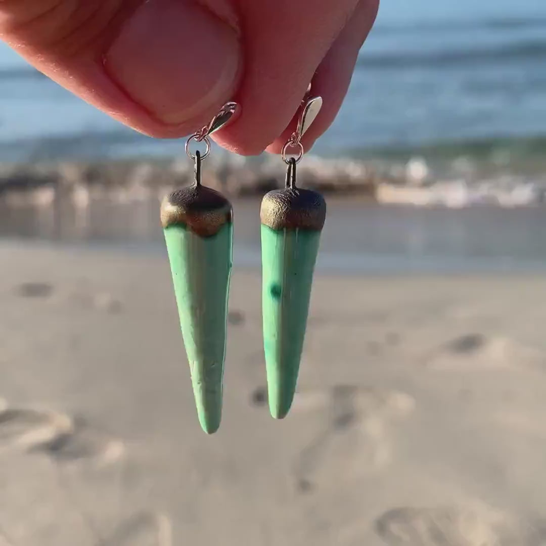 Green Black Ceramic Dangle Spike Stud Earrings 1