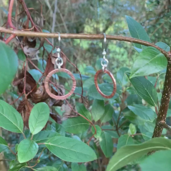 Line Hammered Copper Hoop Dangle Earrings