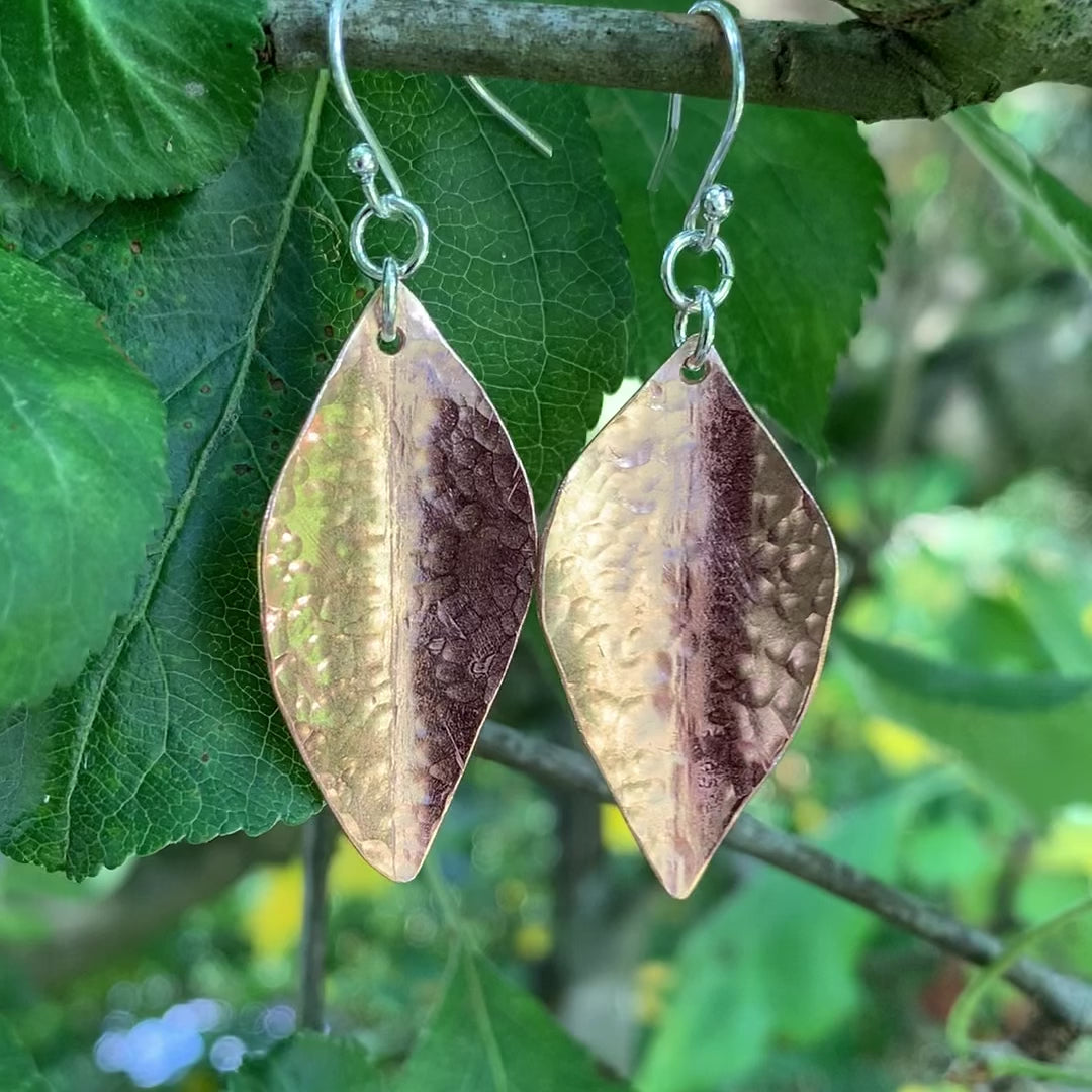 Dimpled Copper Leaf Dangle Drop Earrings