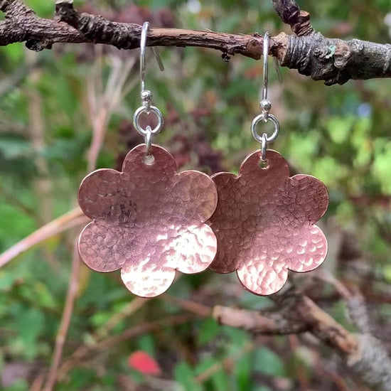 Hammered DaisyFlower Copper Dangly Earrings