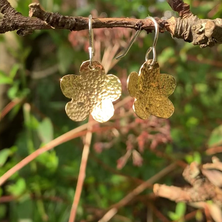 Little Hammered Brass Flower Drop Earrings