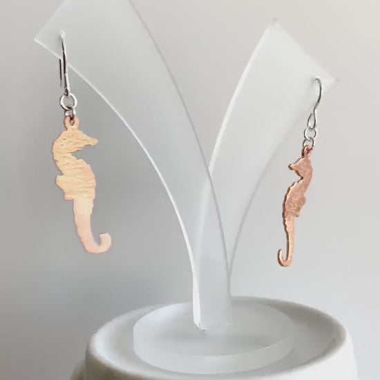 Hammered Copper Sea Horse Dangle Earrings