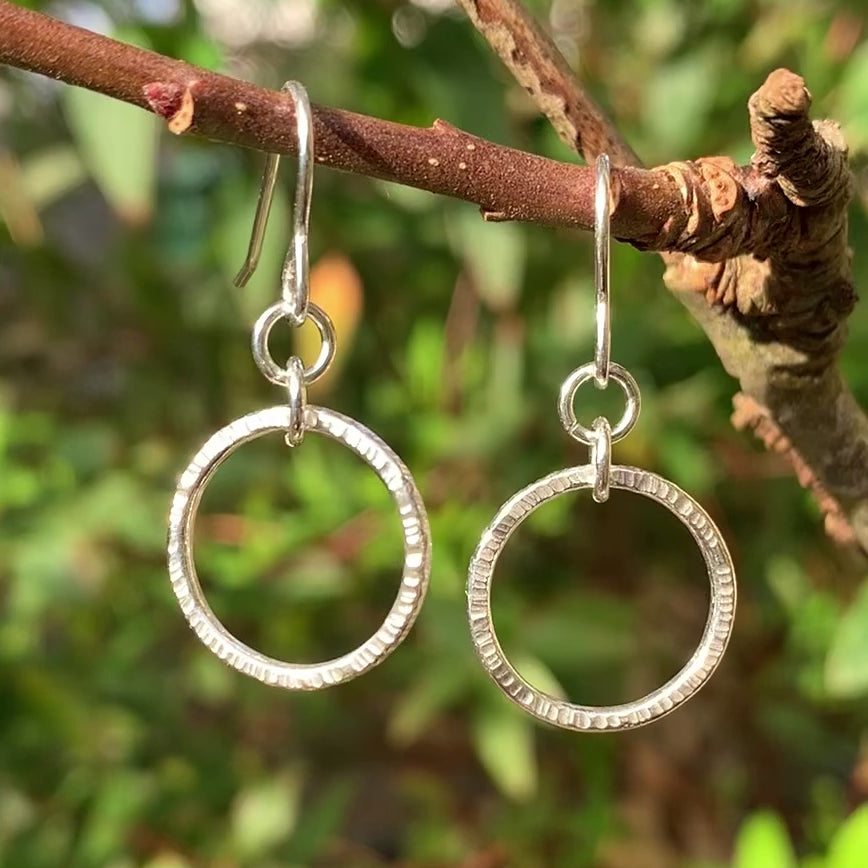 Sterling Silver Line Hammered Drop Hoop Earrings