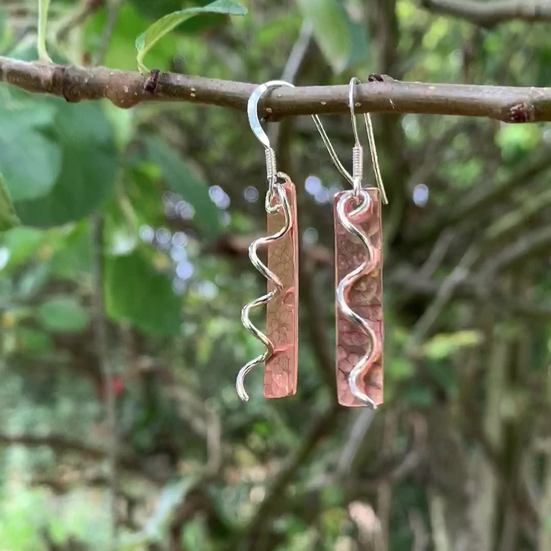 Copper Bar Earrings with Sterling Silver Spirals